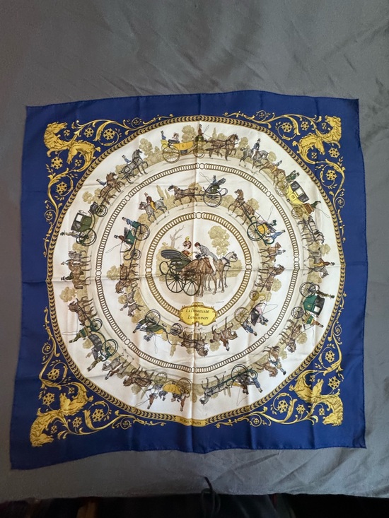 Hermes Accessories - Hermes Silk Scarf 100% Authentic Horse Coach Circle 90cm “Longchamps” Print Blue